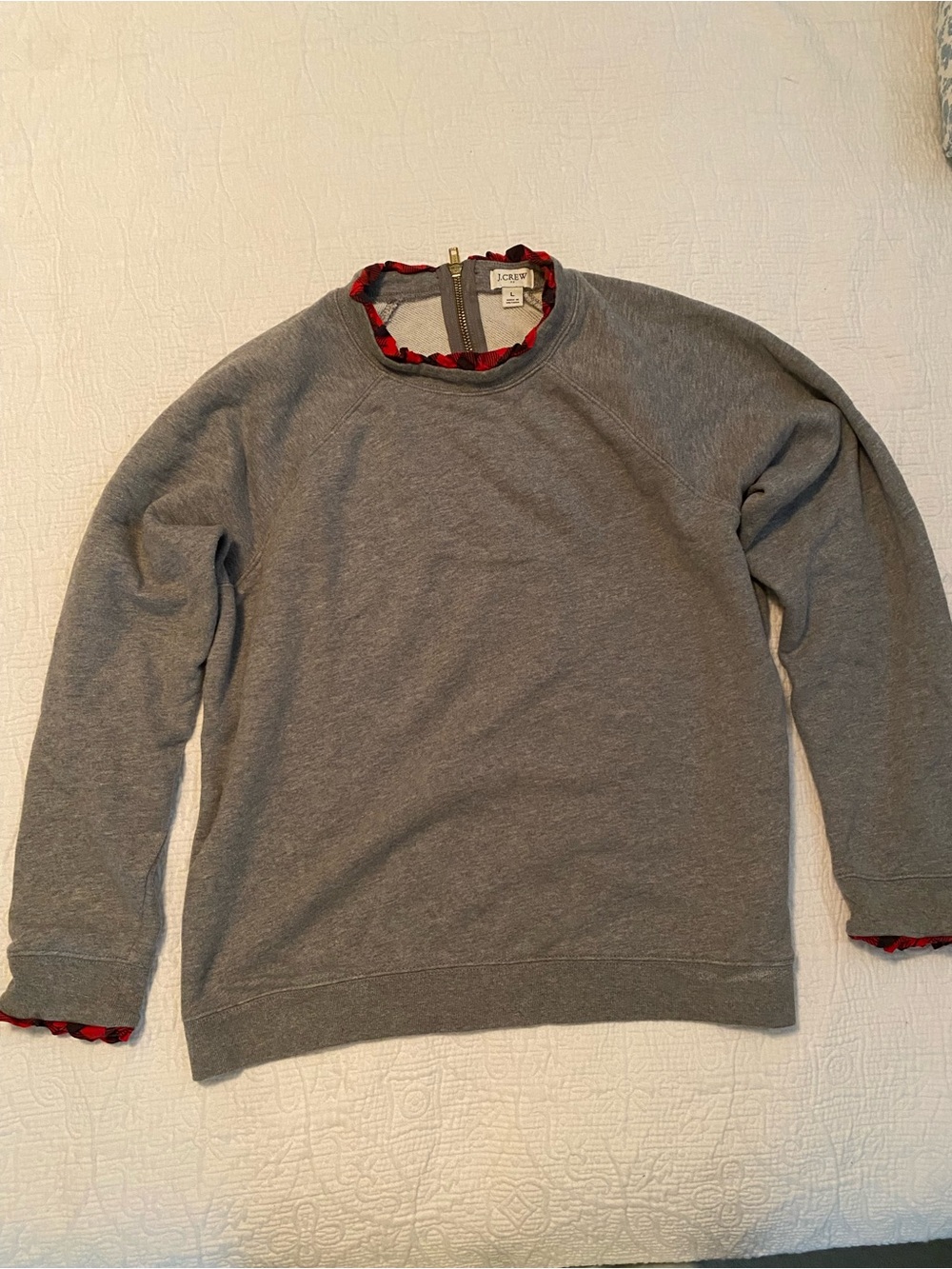 J. Crew Gray Crewneck Sweater with Red Trim Details